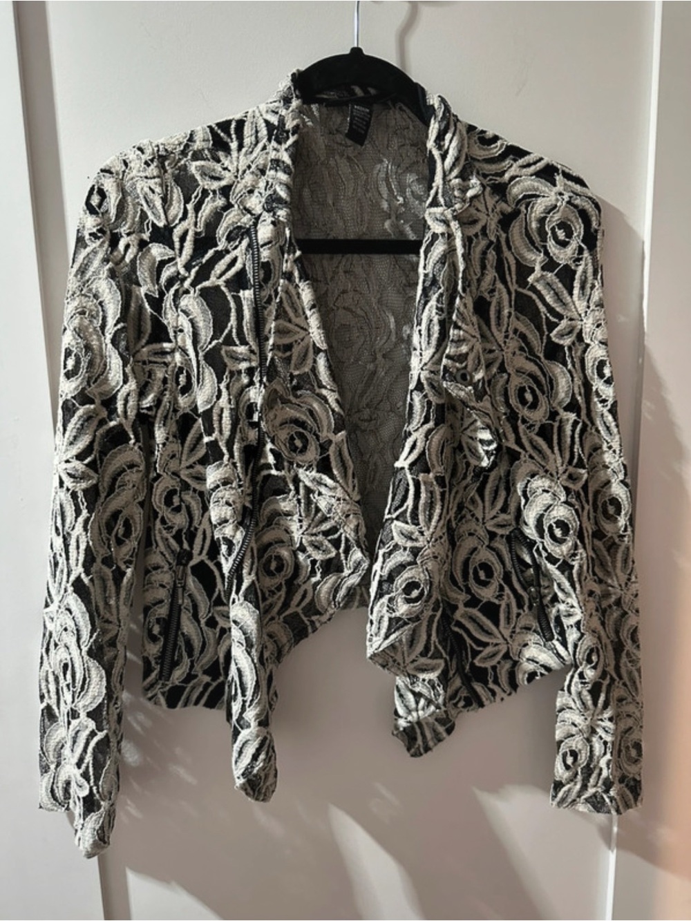 INC International Concepts Black and Cream Floral Lace-Effect Open Cardigan